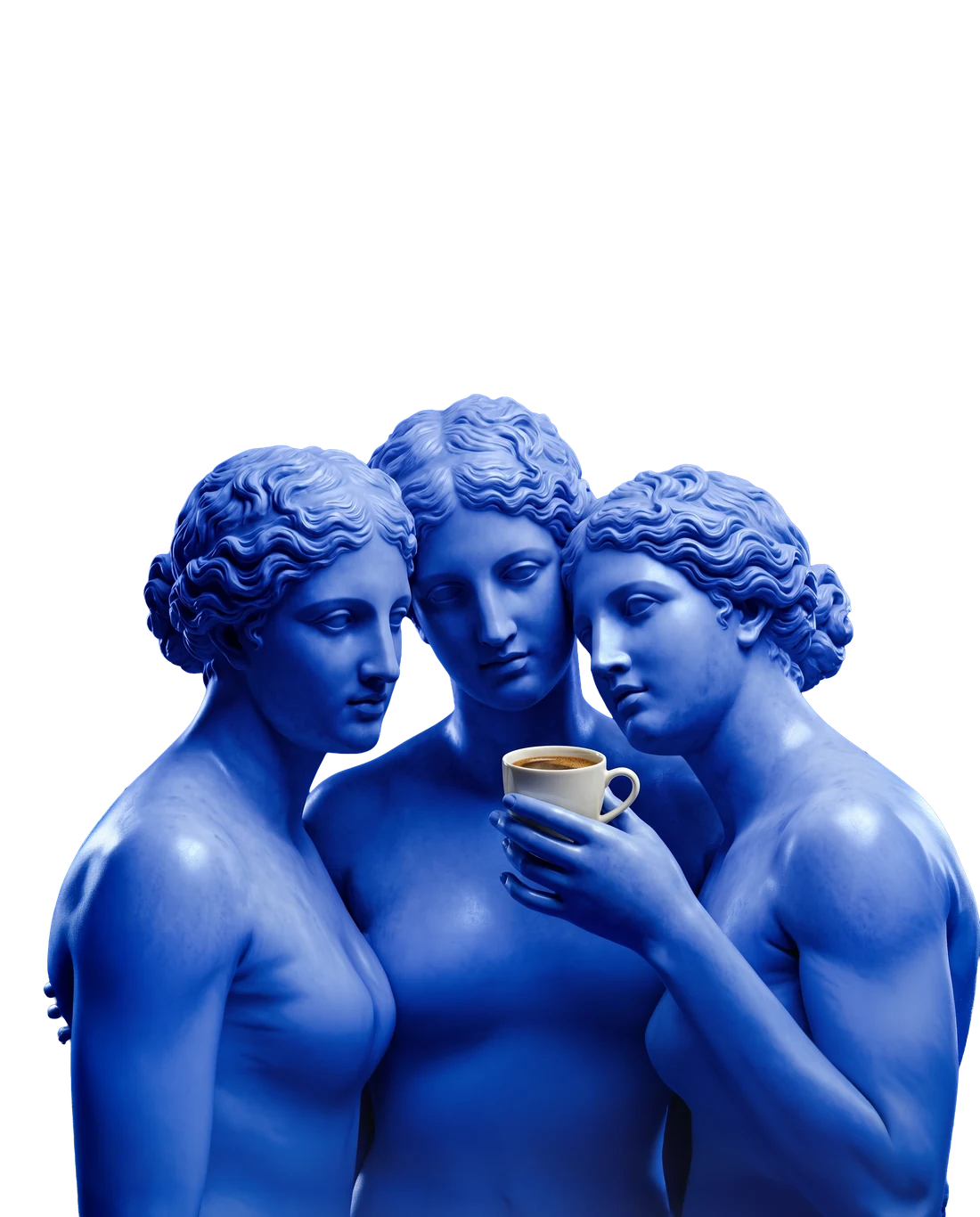Blaue Skulpturen mit Espressotasse aus der RELOOVI Bildwelt